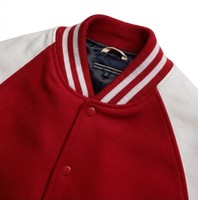 Veste universitaire rouge et blanche, style baseball, boutons pression sur le devant, bordure côtelée, manches contrastées, veste universitaire décontractée pour hommes