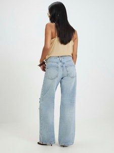 Jeans de mezclilla 100% algodón de cintura media, lavado a la piedra claro, rasgados, de pierna ancha y corte holgado, ecológicos, resistentes a la decoloración, ligeros, para primavera. - Product Image 2