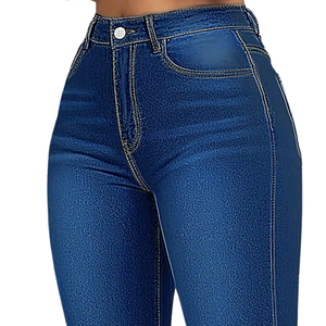 Womens Dark Blue Washed <b>Denim</b> Capri Pants High Waist Skinny <b>Stretch</b> Breathable Casual Cropped Button Hem Fit Daily Wear Style - Product Image 3