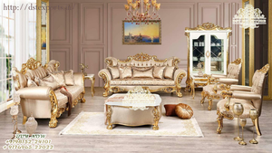 Conjunto de sofá de madera de teca estilo italiano para sala de estar, juego de sofá de 5 plazas estilo victoriano clásico indio con hojas doradas para sala de estar - Product Image 2