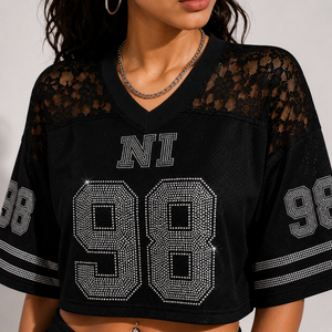 Premium Sparkly <b>Cropped</b> Mesh Varsity Custom <b>Rhinestone</b> Letter Football Jersey Drop Shoulder Women Streetwear <b>Top</b> - Product Image 4