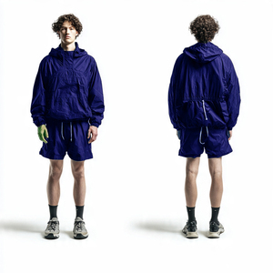 Ensemble veste coupe-vent à capuche et short pour homme, léger, sportif, coupe ample, couleur unie, fermeture à cordon, tenue de pluie d'été pour homme - Product Image 1