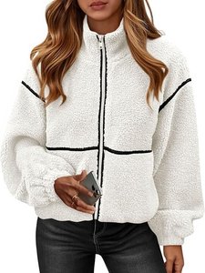Chaqueta de Forro Polar Blanca con Ribete Negro, Cierre de Cremallera, Cuello Alto, Manga Farol, Ropa de Invierno, Abrigo Informal para Mujer - Product Image 6