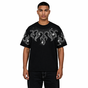 Manufacturer Rhinestone Tribal <b>Flame</b> T <b>Shirt</b> For Men Bling Diamond Graphic Streetwear 100% Cotton Drop Shoulder Summer Top - Product Image 2