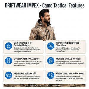 Chaqueta de Caza con Capucha Camuflada, Chaqueta Softshell para Senderismo al Aire Libre, Sublimada, Ligera, Impermeable, Cortavientos, con Cierre, Fabricante OEM ODM - Product Image 6
