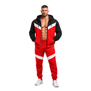 Men’s Red Black Contrast Hoodie Tracksuit Set with <b>Zip</b> <b>Up</b> <b>Jacket</b> and Slim Fit Jogger Pants Casual Sportswear Outfit - Product Image 4