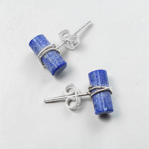 Lapis Lazuli Cylinder <b>Stud</b> <b>Earrings</b> Silver Plated Brass Natural Gemstone Minimalist Cabochon Bar <b>Earrings</b> Wholesale - Product Image 5