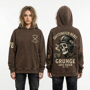 Sweat à capuche Grunge Cafe Racer 500GSM marron délavé, motif crâne et café, style motard, coupe oversize pour femme, pull épais - Product Image 1