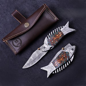 Handmade Fish Folding <b>Knife</b> Damascus Steel Pine Cone <b>Handle</b> Outdoor Survival Custom EDC OEM ODM Wholesale Manufacturer - Product Image 1