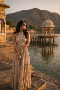 Robe longue élégante beige à col halter et dos nu pour femme, robe de soirée plissée de luxe style bohème pour les fêtes estivales et les tenues de villégiature - Product Image 2