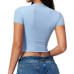 Women's Light Blue <b>Crop</b> <b>Top</b> Short Sleeve Crew Neck Slim Fit Knitted Spandex Cotton Casual Spring Summer Solid Color - Product Image 5