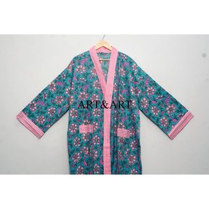 Kimono en coton pour femme, imprimé floral fait main, style japonais, longueur ras du sol, lavable, séchage rapide, robe d'été et de printemps, tenue de plage, livraison gratuite - Product Image 2