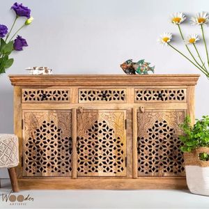 Hand Carved Solid Mango Wood Traditional Farmhouse Sideboard Cabinet Antique Brown <b>6</b> <b>Drawer</b> Storage Console for Living Room - Product Image 1