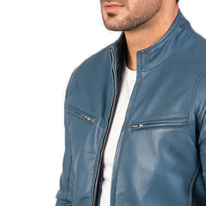 Blouson moto en cuir bleu pour homme, col montant, fermeture éclair sur le devant, coupe ajustée, couleur unie, manches classiques, idéal pour l'automne - Product Image 5