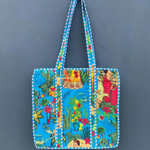 Sac fourre-tout matelassé en coton imprimé au bloc, sac à bandoulière zippé, sac de shopping souple, couleur unie, portable, pour la plage, l'été et l'automne - Product Image 3