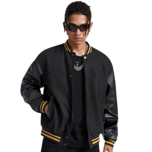 Black College Baseball Quilted <b>Jacket</b> Men Custom Logo Wool Feel Body Cotton Sleeves Striped Rib Trim Winter 100% Cotton - Product Image 1