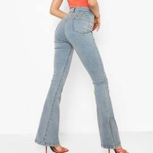 Jean évasé taille haute en denim délavé pour femme avec fente avant, extensible et longueur intégrale - Product Image 3