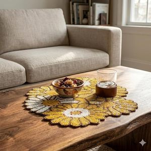 Set de table en tissu perlé bohème en forme de fleur, fait main avec motif marguerites dorées et blanches, diamètre 400 mm, épaisseur 3 mm - Product Image 6
