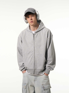 <b>Men's</b> <b>Grey</b> Hooded Zip-Up <b>Sweatshirt</b> 100% Cotton Oversized Casual Fit Solid Color French Terry Fabric Autumn Wear - Product Image 6