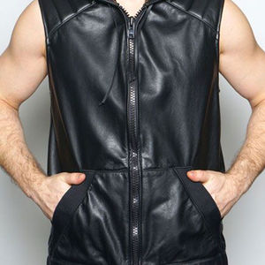 Blouson en cuir décontracté pour homme automne-hiver, coupe slim, sans manches, avec capuche, style motard - Product Image 6