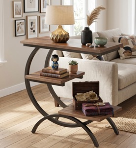 Curved Metal Frame Modern C Shaped Side <b>Table</b> <b>Rustic</b> <b>Wood</b> 3 Tier End <b>Table</b> Creative Living Room Sofa Bedside Shelf Decor - Product Image 2