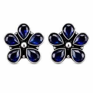 Flower Shape Blue Crystal Stud Earrings Rhodium Plated 925 Silver Classic Women's Everyday Wear Jewelry Wholesale <b>oxidized</b> - Product Image 1
