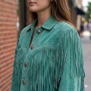 Sky Blue Suede <b>Fringe</b> Western Cropped <b>Jacket</b> Handmade Boho Tassel Leather Coat - Product Image 5