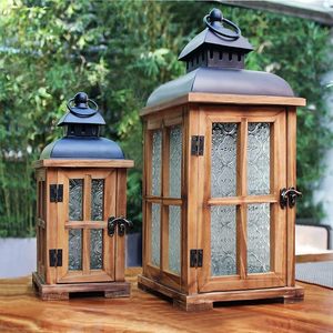 Rustic Wooden Outdoor <b>Lantern</b> <b>Set</b> Decorative Candle Holder with Embossed Glass and Metal Top Farmhouse Garden <b>Lantern</b> - Product Image 1