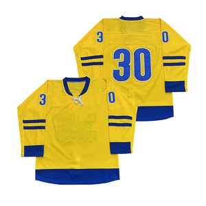 Camiseta de Hockey sobre Hielo Personalizada Azul y Amarilla, Cuello en V, Manga Larga, 100% Poliéster Transpirable, Números de Equipo Impresos, Ropa para Adultos - Product Image 3