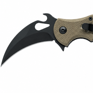 Tan Textured Handle Curved Folding Pocket Knives with Black Hook Blade Finger Ring and Belt Clip for <b>Outdoor</b> Utility Cuttings - Product Image 5