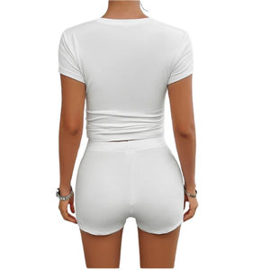 Women's Casual 2-Piece Clothing Set 2025 Summer Cotton Shorts and Top with Custom Logo Above Knee Solid Pattern Wholesale - Product Image 2