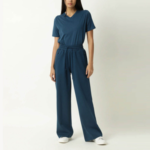 Women High Waist Solid Canvas <b>Flared</b> Track Pants Elastic Pockets Drawstring 100% Cotton Eco-Friendly Winter <b>Leggings</b> Casual - Product Image 2