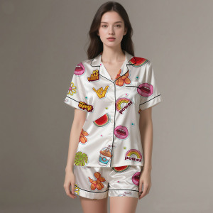 Conjunto de Pijama de Seda Satén Transpirable con Estampado Personalizado OEM ODM para Mujer, Cintura Elástica Suave de Lujo, Ropa de Dormir para Primavera/Verano - Product Image 3