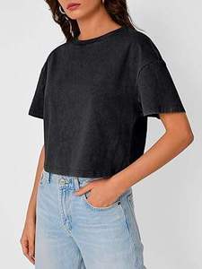 Camiseta Corta para Mujer, Color Sólido, Manga Corta, Cuello Redondo, Corte Holgado, Informal, de Algodón Jersey, para Primavera/Verano - Product Image 4