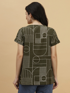 Blusa de Manga Corta con Cuello en V y Estampado Geométrico para Mujer, Corte Holgado Informal, Top de Primavera/Verano, Tejido Popelina Transpirable - Product Image 3