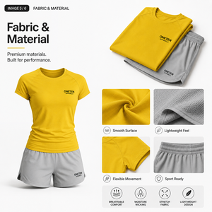Conjunto de tenis para mujer con logo personalizado, camiseta amarilla de manga corta y pantalones cortos grises, ropa deportiva para primavera/verano. - Product Image 4