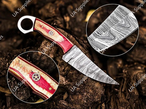 มีดแค้มปิ้งเหล็กดามัสกัส ฟูลแทงค์ ตีขึ้นรูปด้วยมือ ปลายหยดน้ำ ใบมีดคงที่ ด้ามไม้ปักก้า รับผลิตแบบ OEM/ODM ขายส่ง ราคาดีที่สุด - Product Image 3