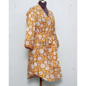 100% Pure Cotton Long Shirt <b>Dress</b> V-Neck 3/4 Sleeve Button Front belt Style Evening Formal Block Printed flare sleeves for women - Product Image 5