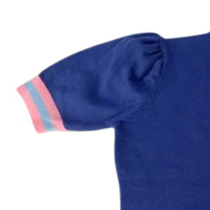<b>Navy</b> Blue V Neck Sweater Short Sleeve Knit Pullover Women Casual Fashion Top With Pink Trim Elegant Apparel Clothing - Product Image 4