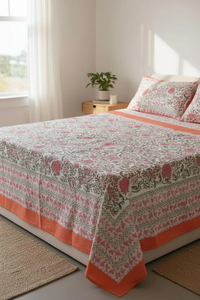 Hand Block Printed Cotton Bedsheet Floral <b>Queen</b> <b>Size</b> <b>Bedding</b> Handmade Indian Bed Cover Soft Pink Botanical Bedsheet - Product Image 2