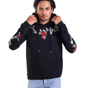 Sudadera con Capucha Bordada con Flores Negras para Hombre, Corte Regular, 100% Algodón, Ropa Casual de Otoño - Product Image 1