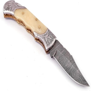 มีดพับลายดามัสกัส Trend Blades ด้ามกระดูก มีดพกพา EDC พร้อมซองหนัง - Product Image 3