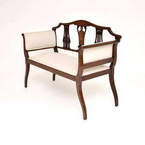 Elegant Antique Style Settee Featuring Traditional Scroll <b>Arms</b> and Decorative Brass Nailhead Trim - Product Image 3