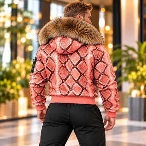 Python Leather Fashion <b>Coat</b> with Luxurious Fur Hood High-End Motorcycle Outerwear | Herren Lederjacke | Chaqueta Hombre Cureo - Product Image 2