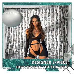 Ensemble 3 pièces femme épaules dénudées avec découpes, noir uni, extensible, comprenant un short bandeau, un soutien-gorge push-up et des perles, respirant, pour la plage - Product Image 3