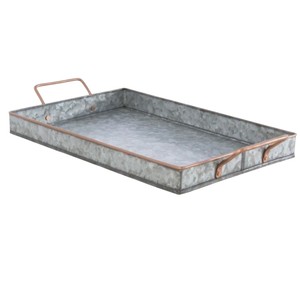 Bandeja de Servir Rectangular de Metal Galvanizado Estilo Rústico con Detalles y Asas de Cobre, Plato Vintage de Zinc para Mesa de Centro - Product Image 1