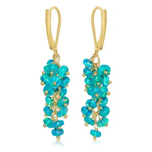 Blue Green <b>Opal</b> Geometric Chandelier <b>Earrings</b> Gold Plated Lever Loop Drop Chunky Beaded Statement Jewelry - Product Image 1
