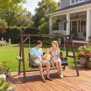 Dondolo a 3 posti in legno con supporto e cuscini confortevoli per giardino, bordo piscina o cortile, marrone carbonizzato - Product Image 2