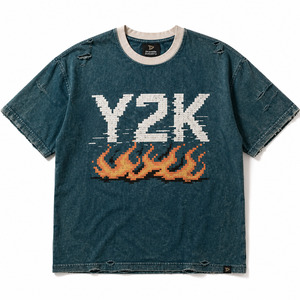 Y2K Pixel <b>Flame</b> High Street T-<b>Shirt</b> Deep Teal Acid Wash Oversized Silk Screen Printed Streetwear with Distressed Vintage Cotton - Product Image 3
