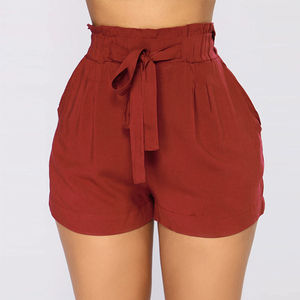 Shorts pour femmes à taille haute, couleur rouge, avec cordon de serrage et poches, shorts décontractés pour femmes, couleur unie - Product Image 1